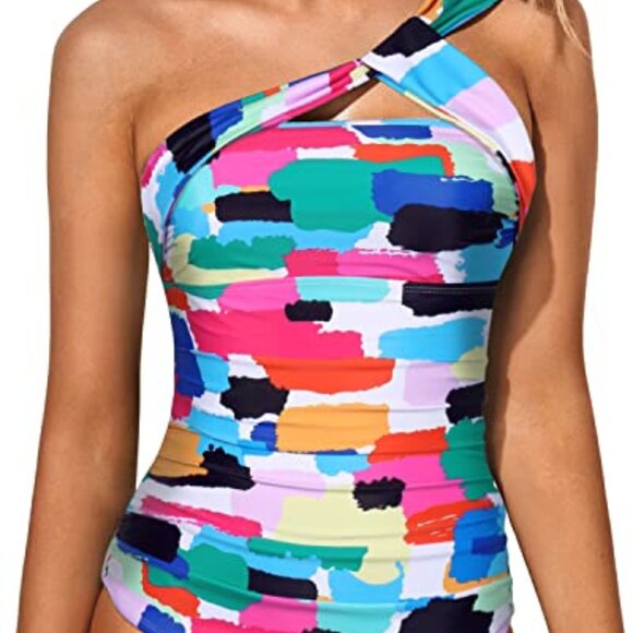 Tempt Me One Shoulder Tankini Top with black bottoms - Picture 1 of 6